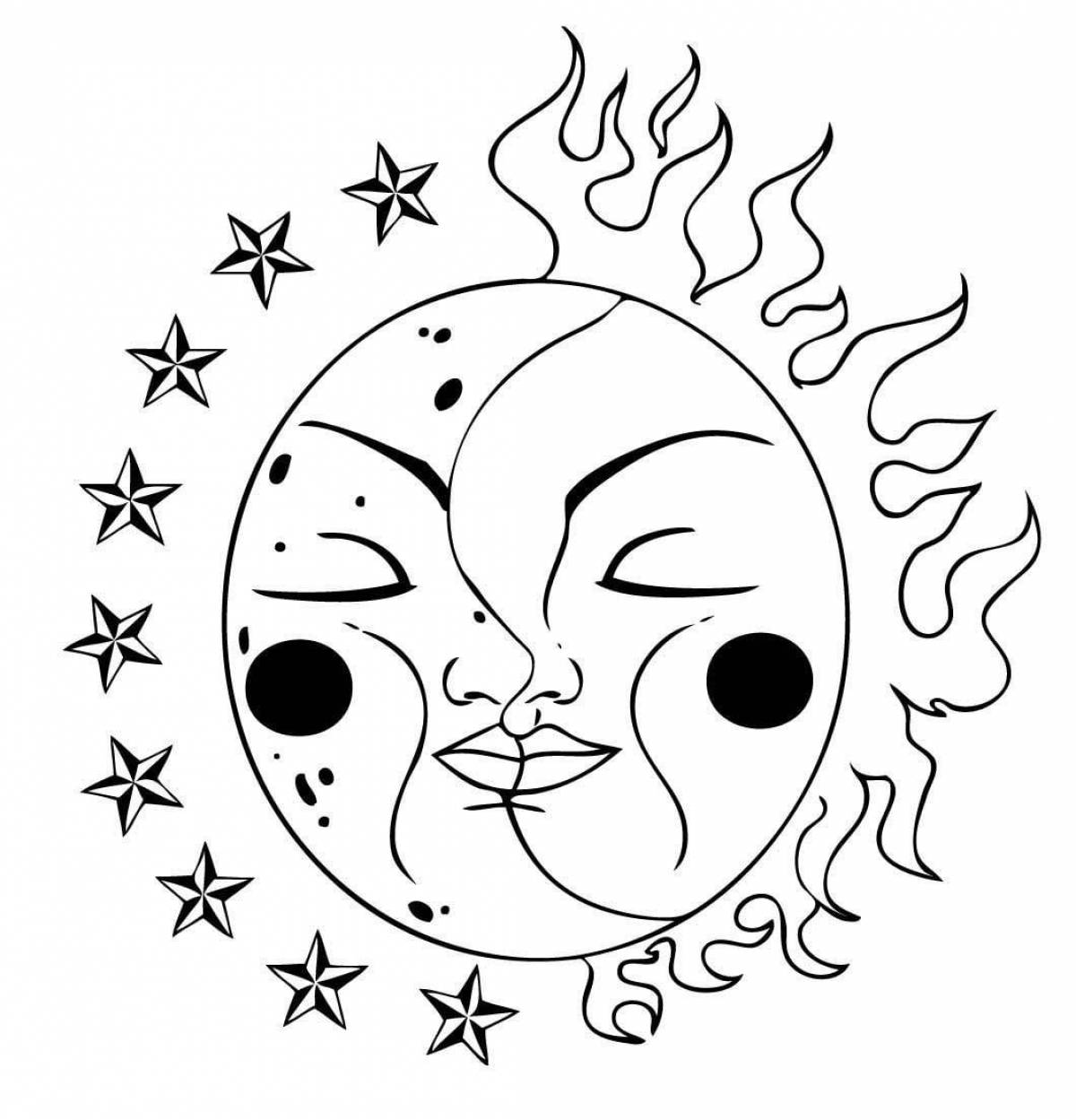 Coloring book gorgeous sun and moon