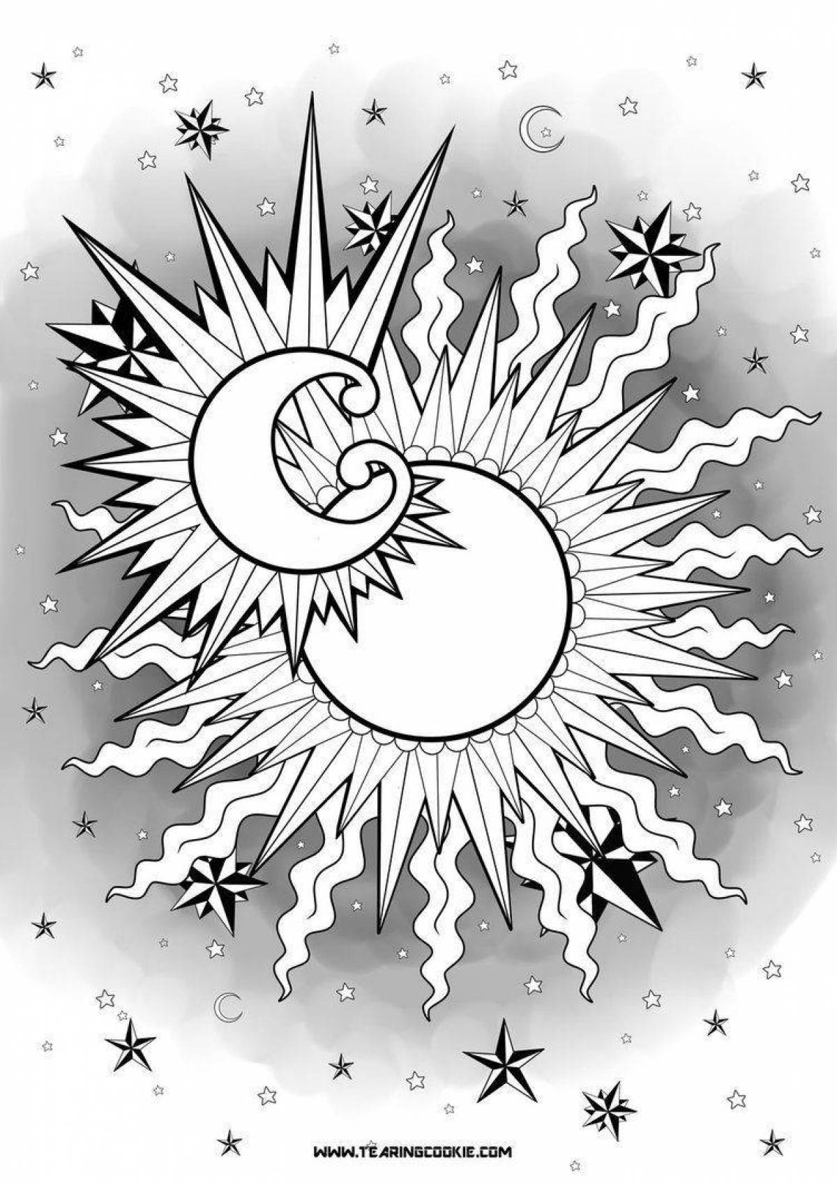 Coloring book dazzling sun and moon