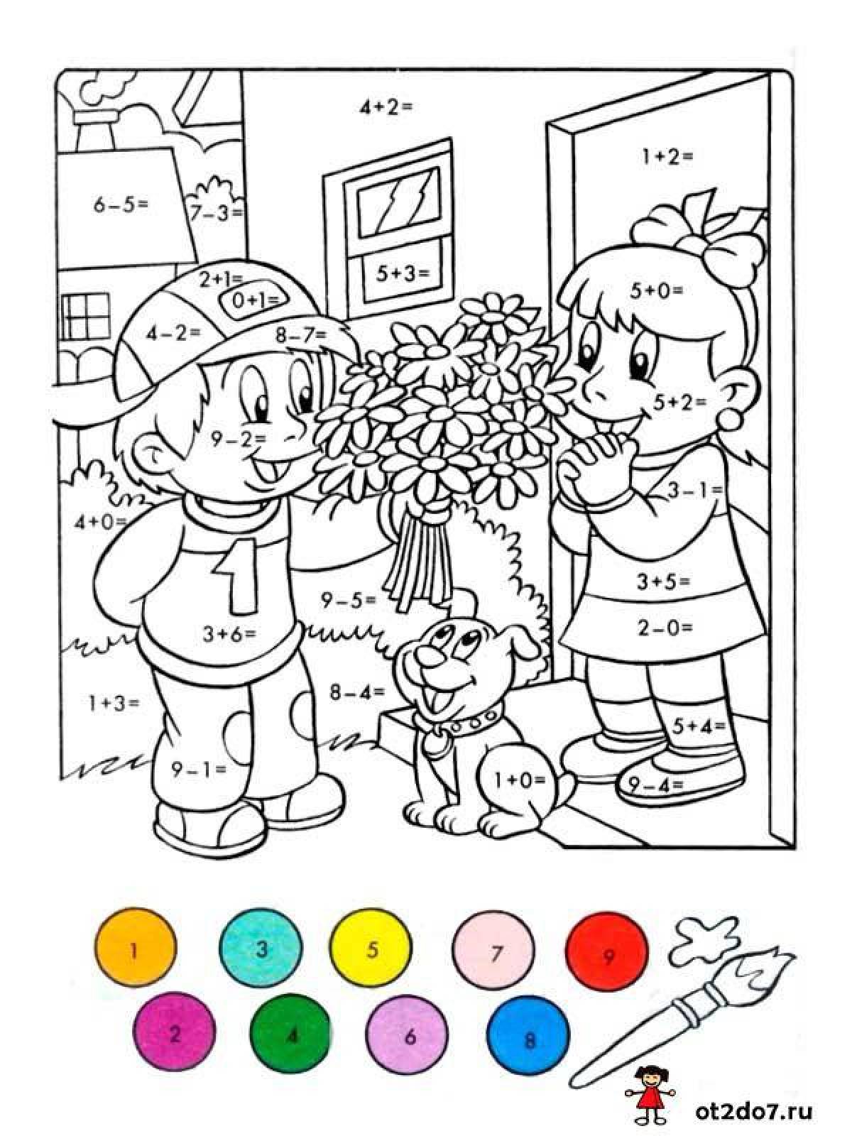 Joyful 1st grade addition and subtraction coloring page