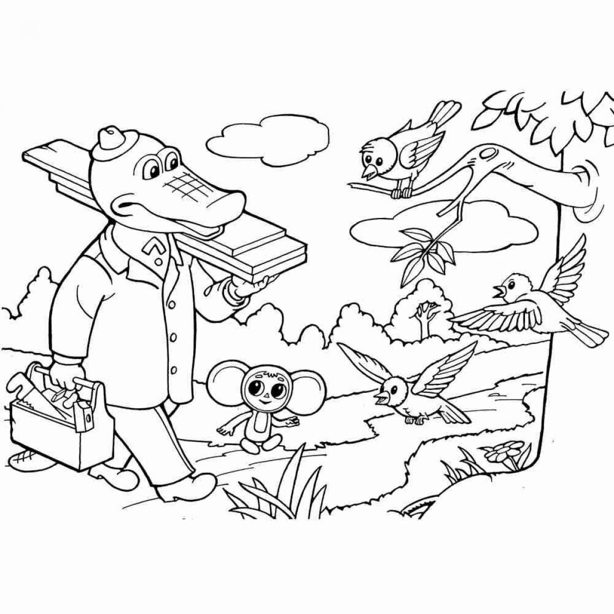 Coloring page playful cheburashka and crocodile gene