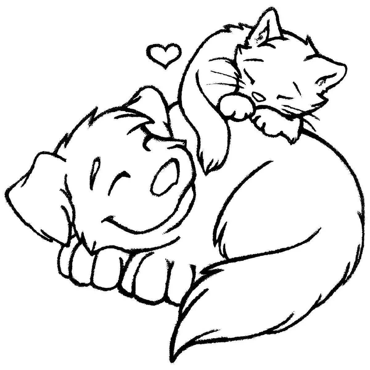 Coloring page playful cat and dog together