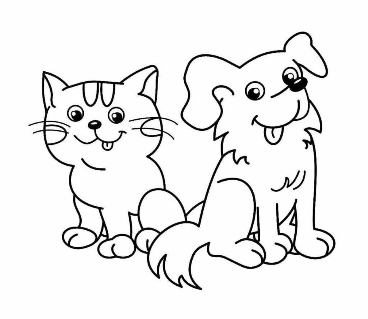 Coloring page happy cat and dog together