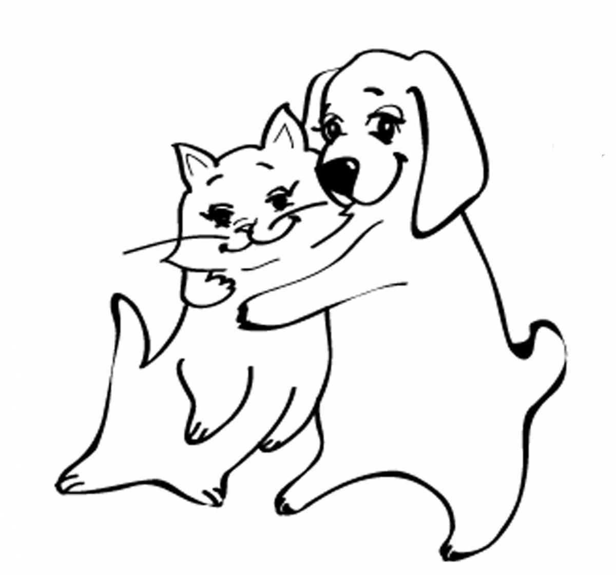 Coloring page funny cat and dog together