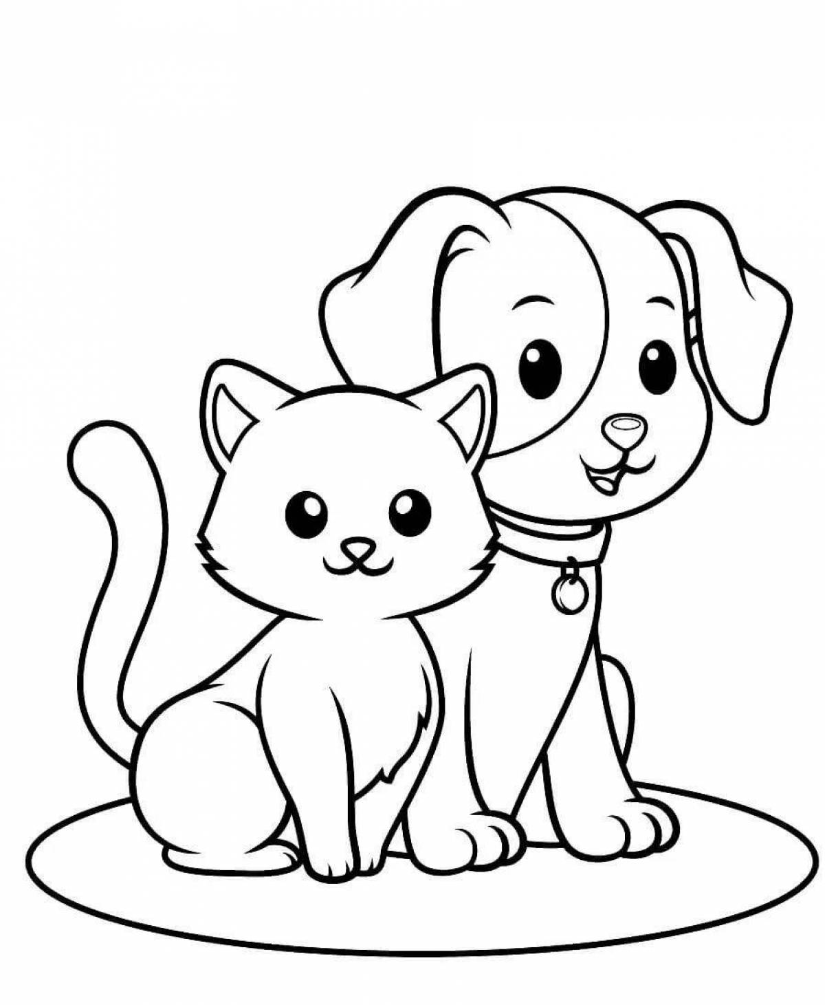 Coloring page loving cat and dog together