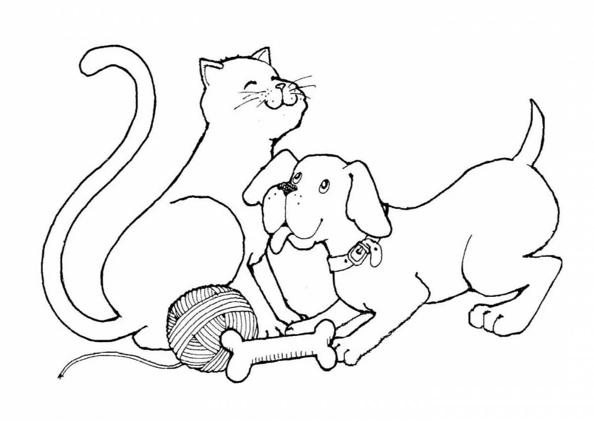 Cute cat and dog together coloring page