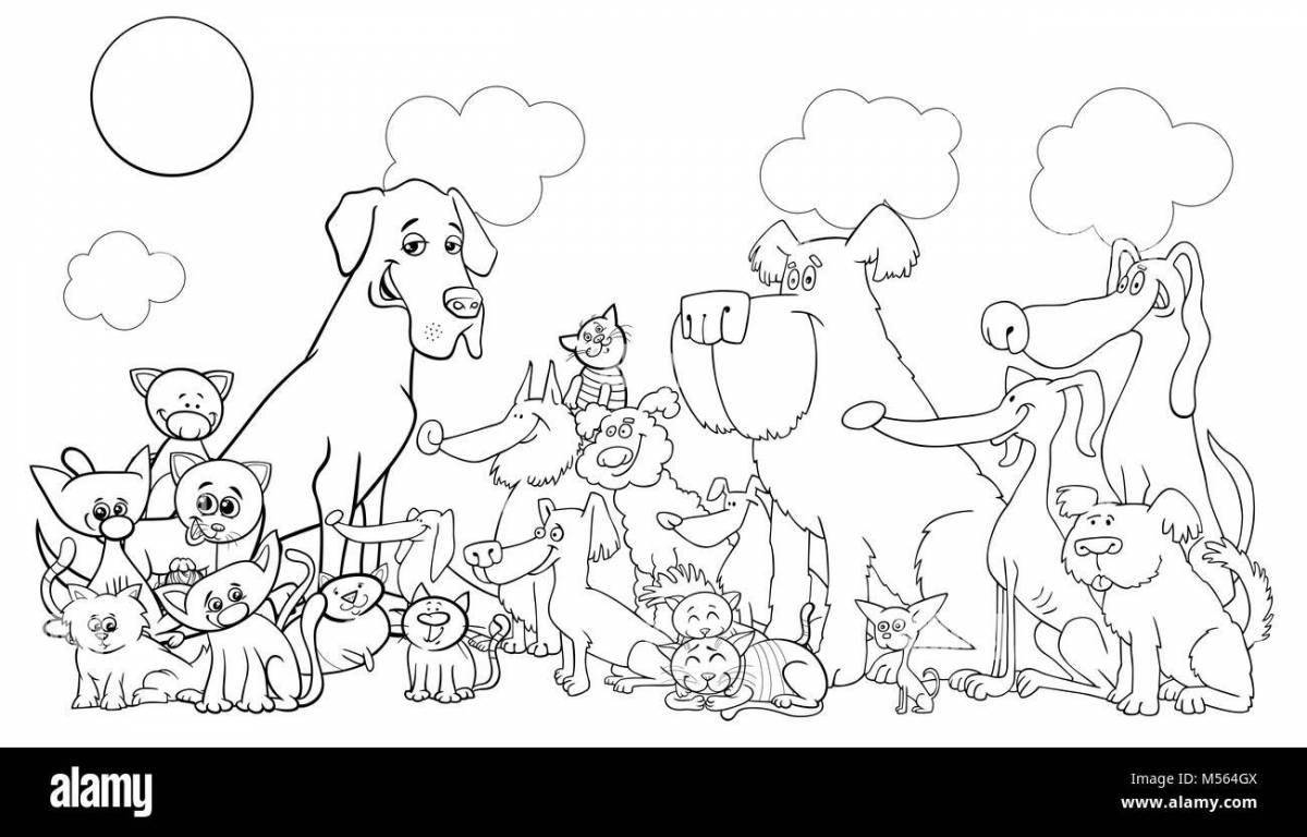 Coloring page affectionate cat and dog together