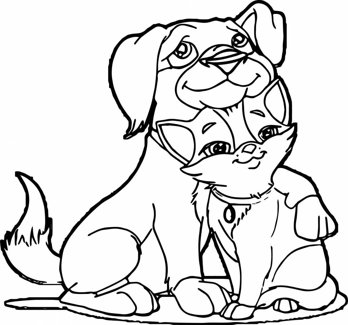 Coloring page blissful cat and dog together