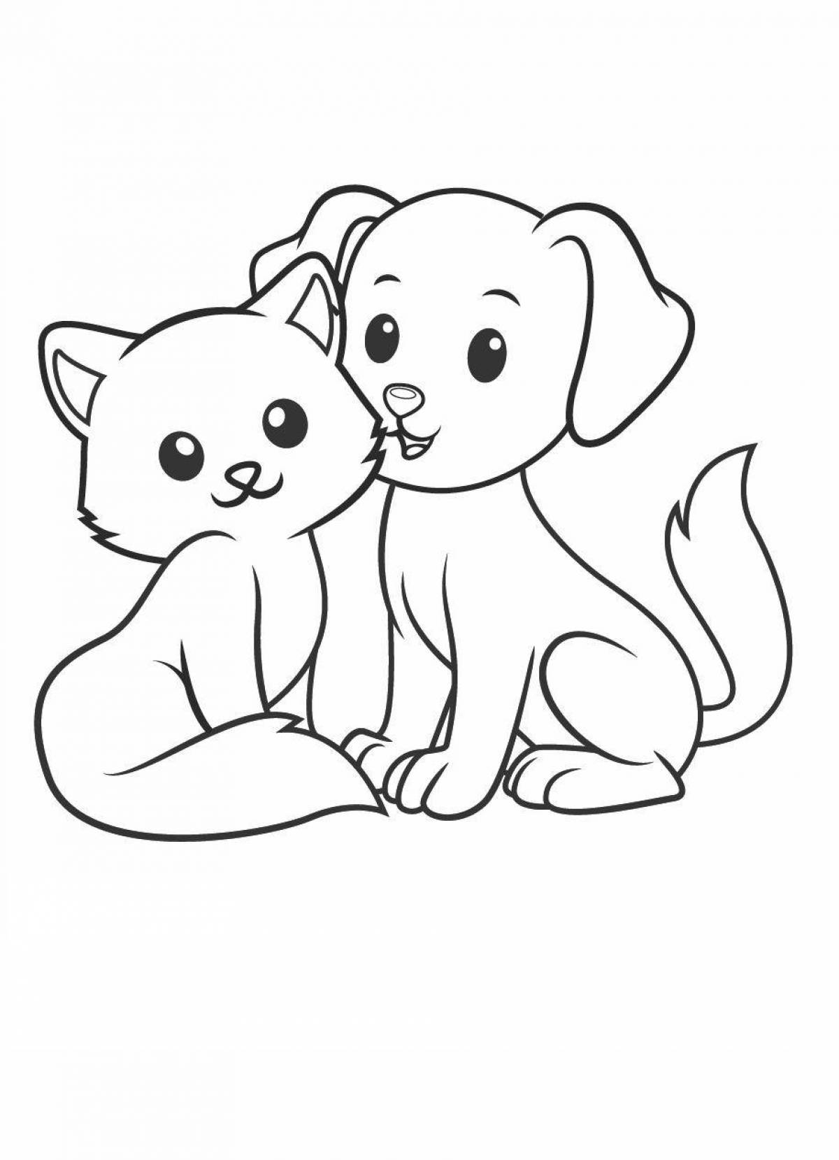 Раскраска Кошка и собака открывают подарок распечатать или скачать