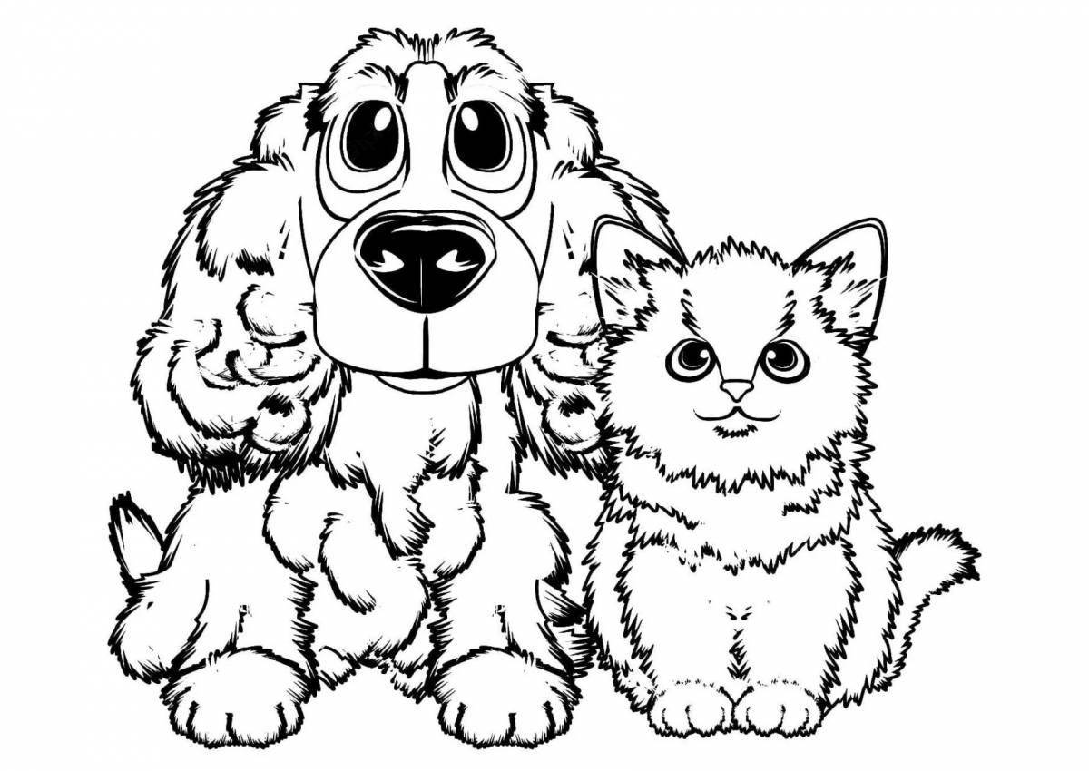 Relaxed cat and dog together coloring book