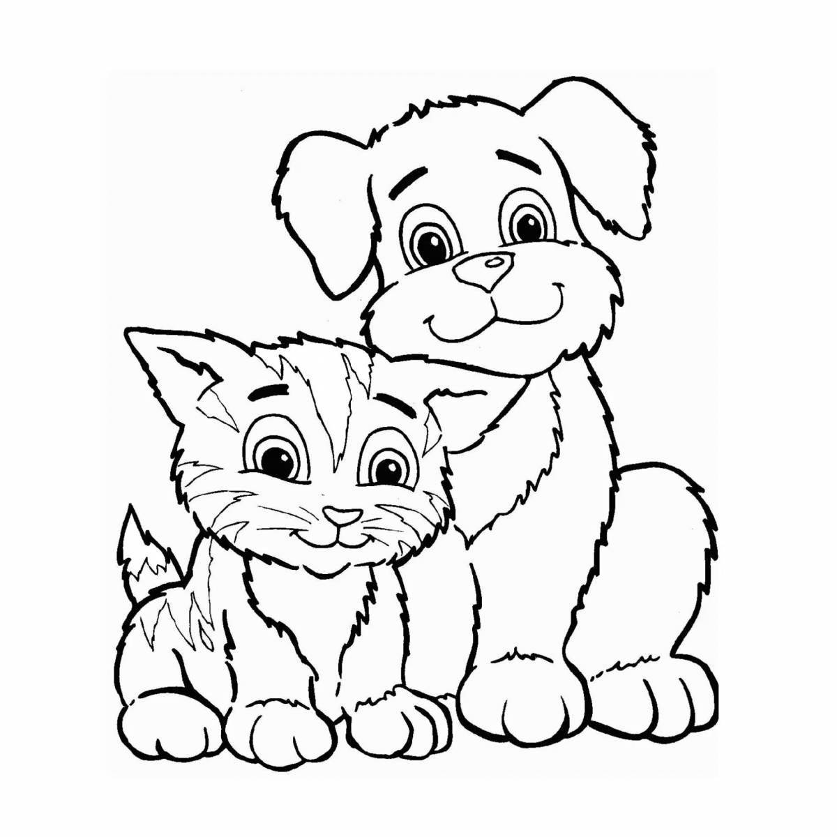 Раскраска безмятежная кошка и собака вместе