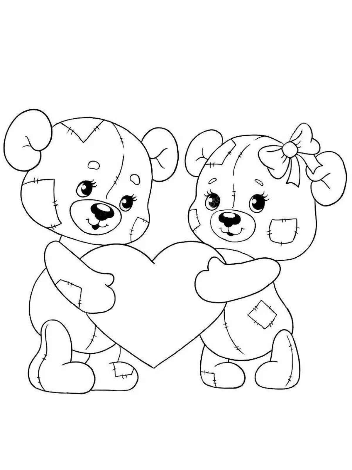 Coloring bright teddy bear with a heart