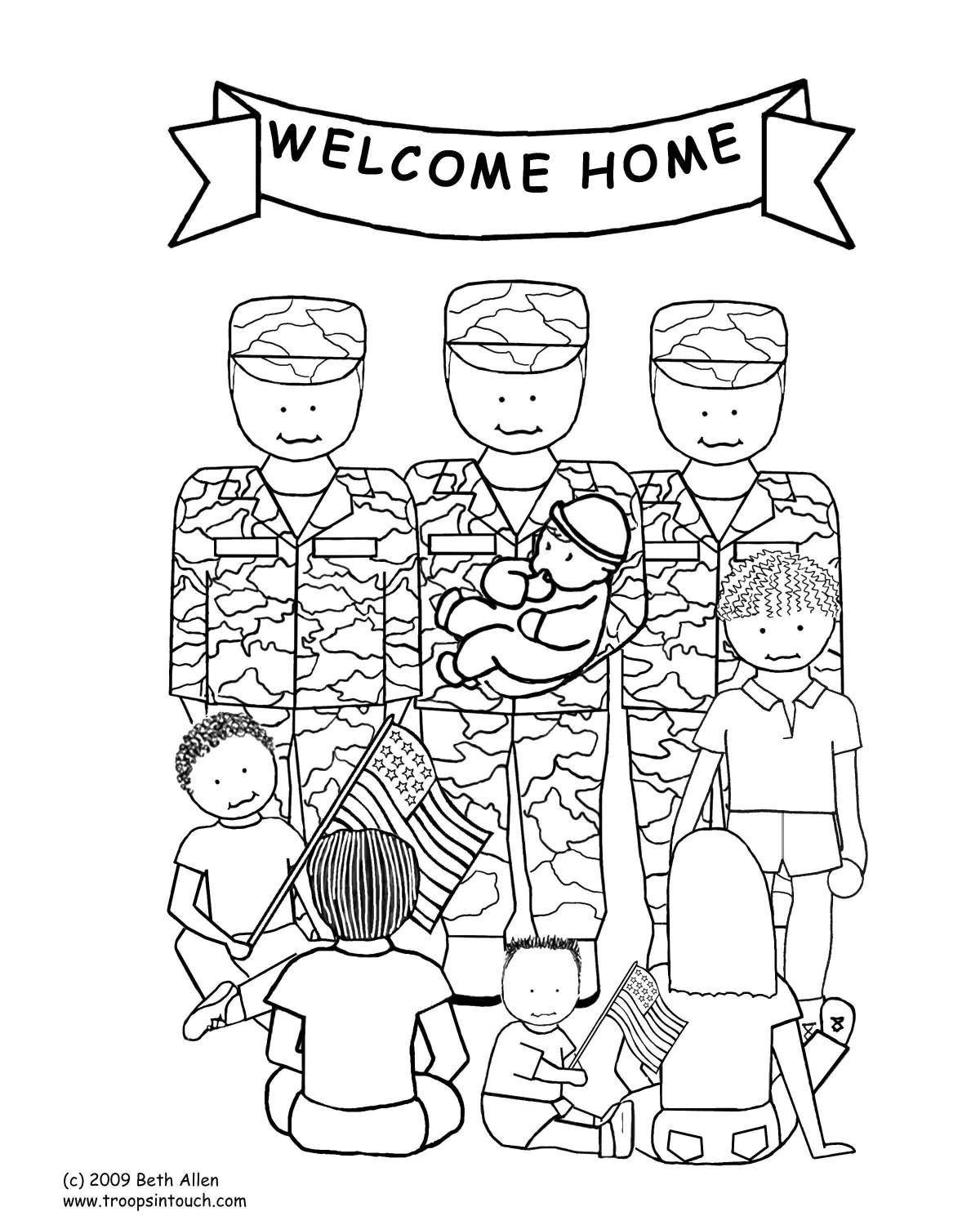 Joyful soldier and child's drawing