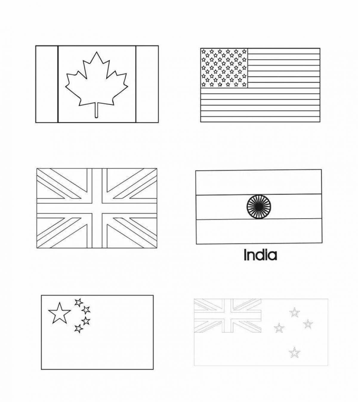 Colorful flags of the world coloring book for kids of all continents