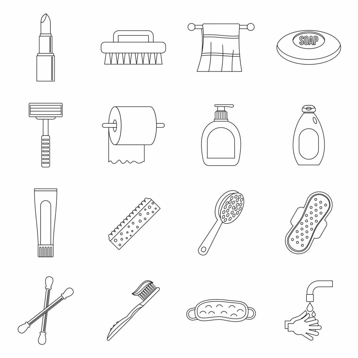 Playful coloring page of hygiene products for children