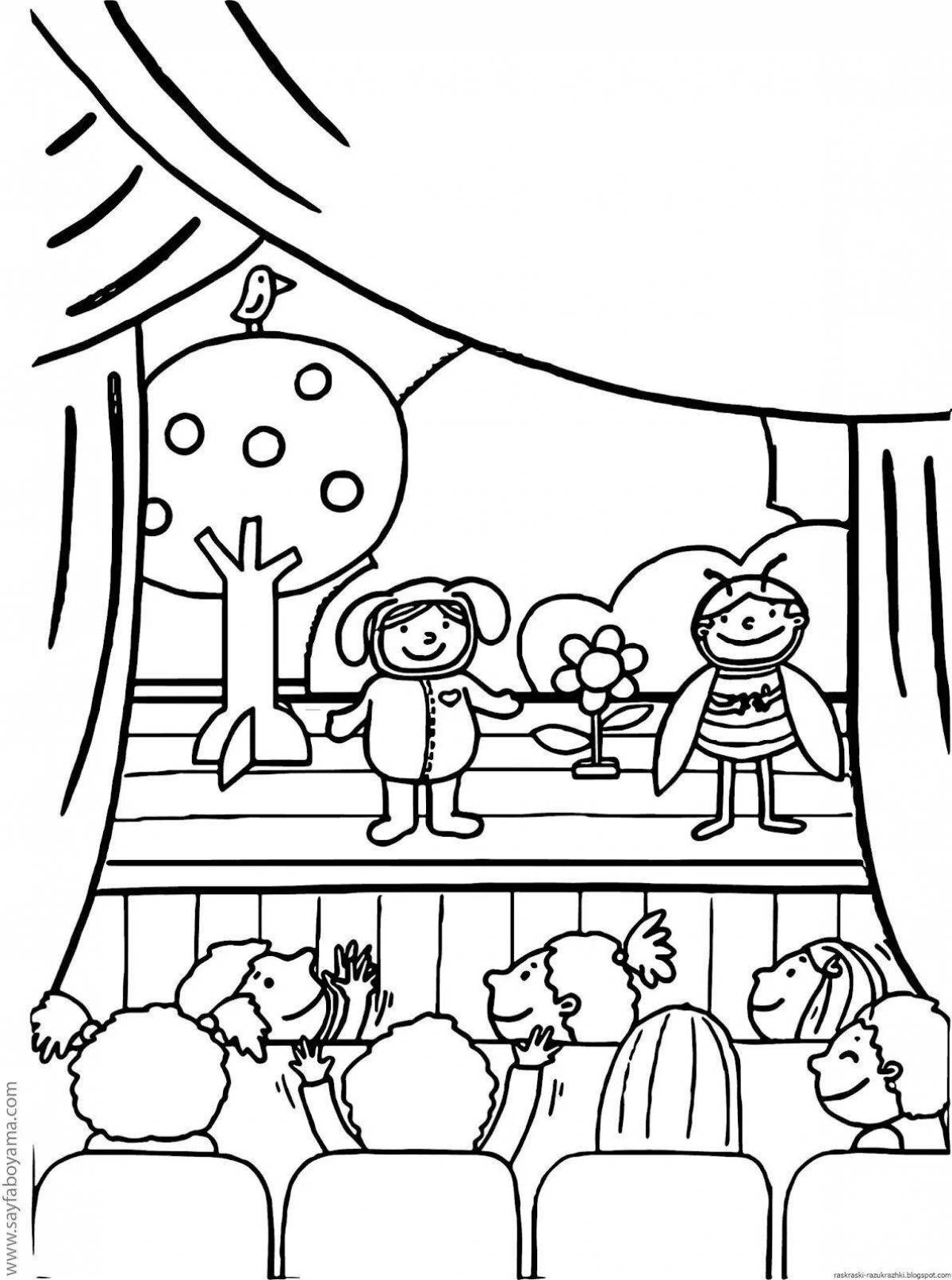 Adorable theater scene coloring book for kids and teens
