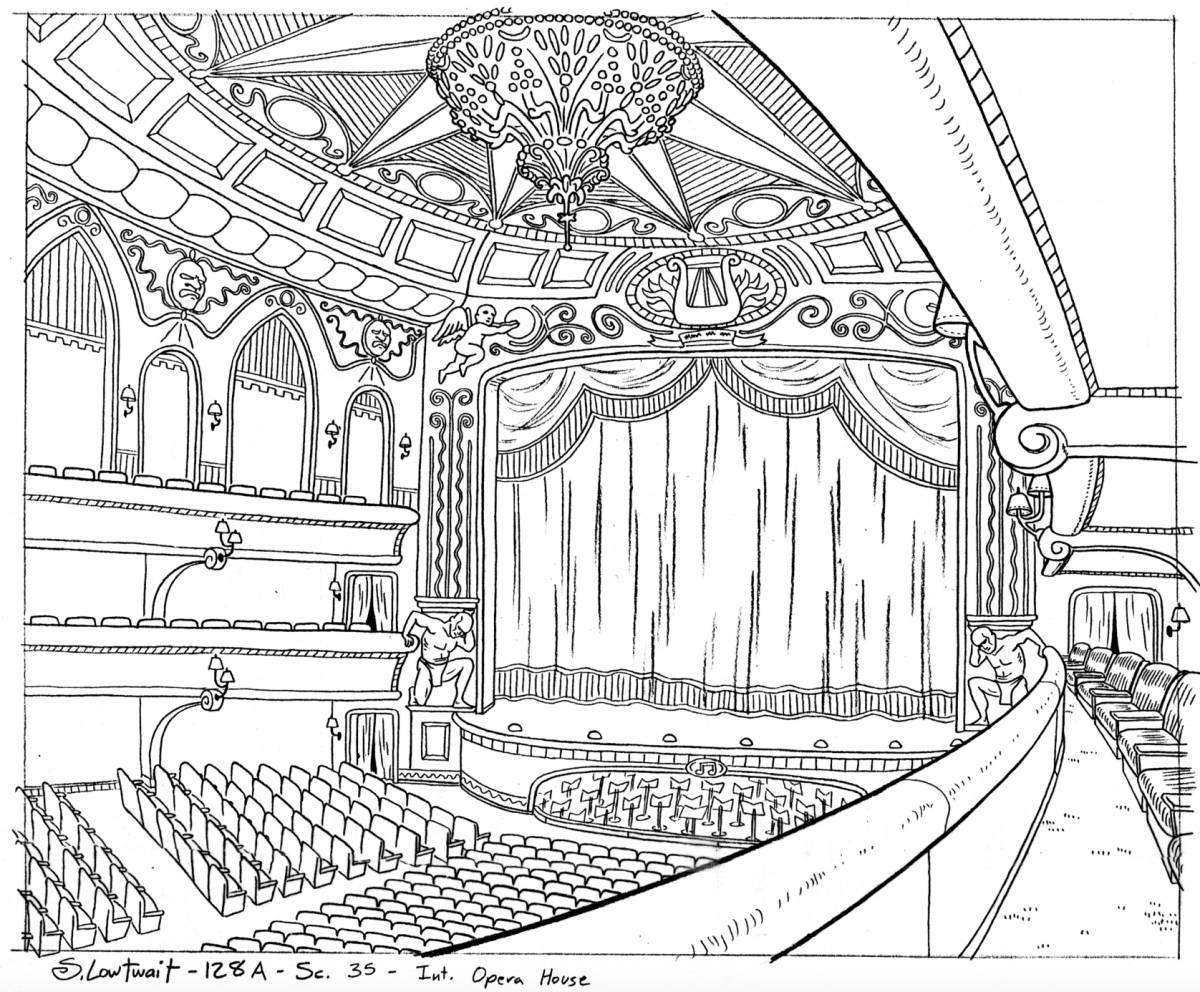Large theater scene coloring page for little ones