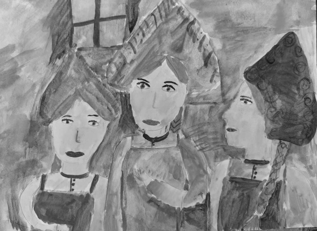 Раскраска serene три девушки у окна