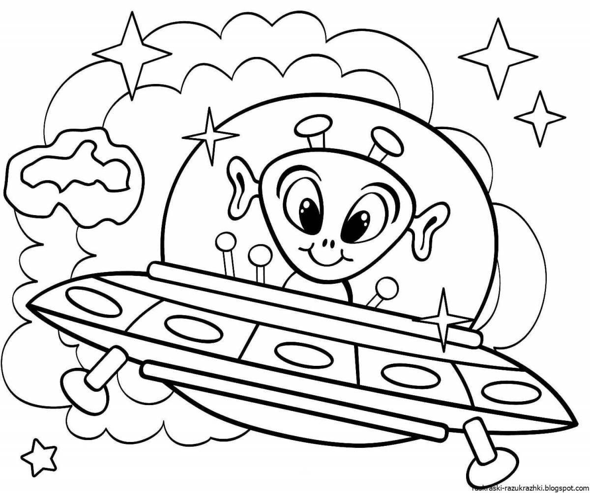 Flying saucer coloring page with crazy colors for kids