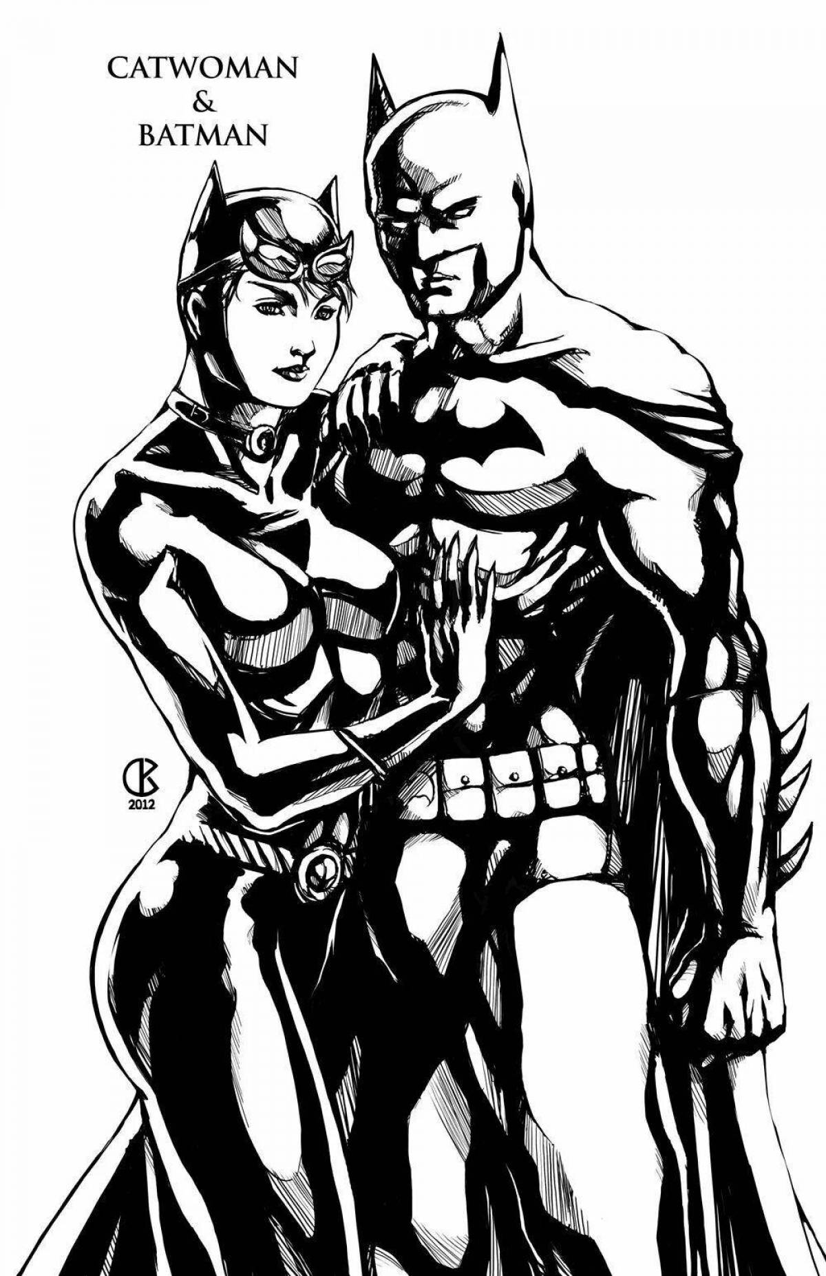 Раскраска яркий бэтмен и женщина-кошка