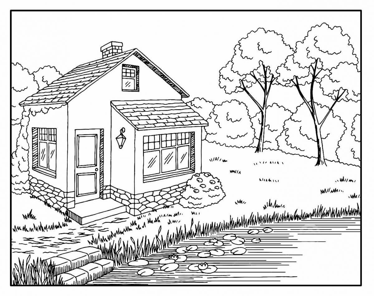 Потрясающий деревенский дом раскраски для детей