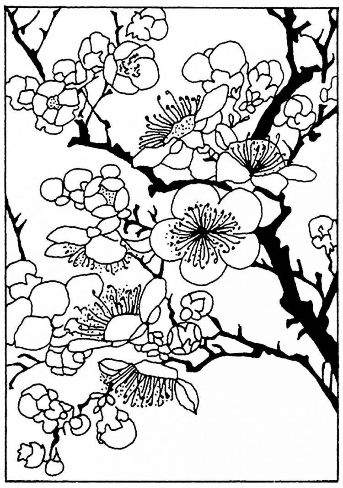 Coloring fairy sakura branch for children