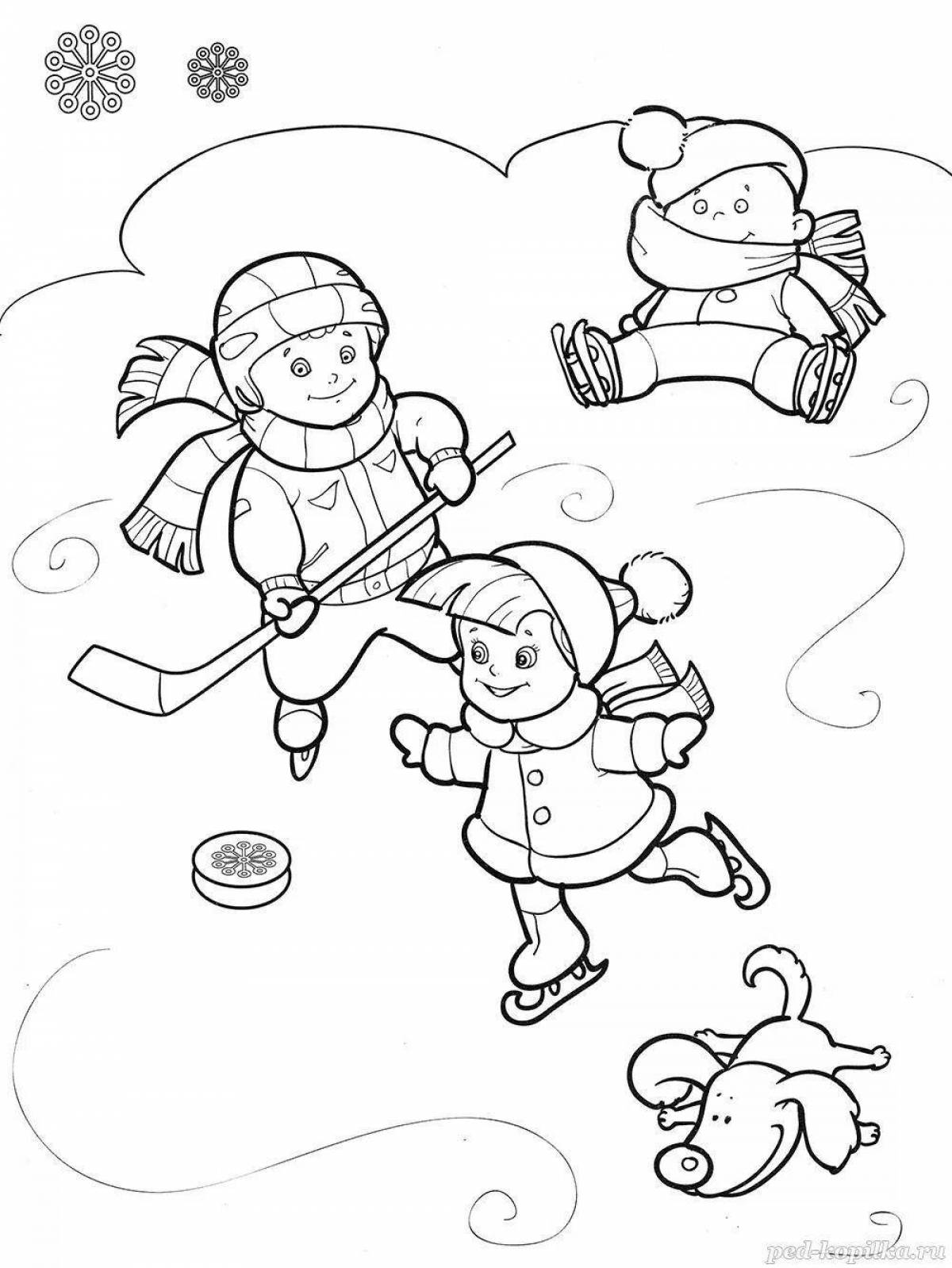 Яркая раскраска зимние виды спорта для детей