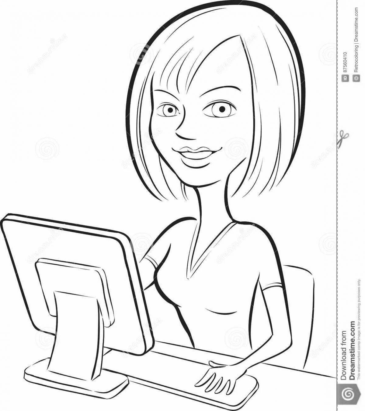 Раскраска девушка в офисе за компьютером