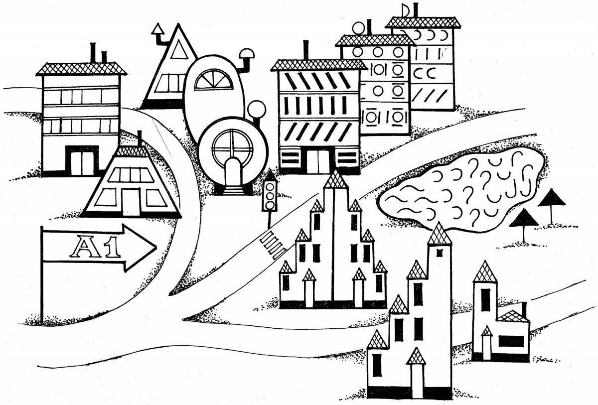 Сказочная страница раскраски «мой город»