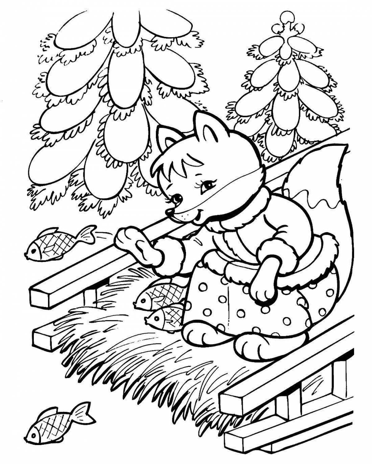 Joyful coloring fairytale fox with a rolling pin