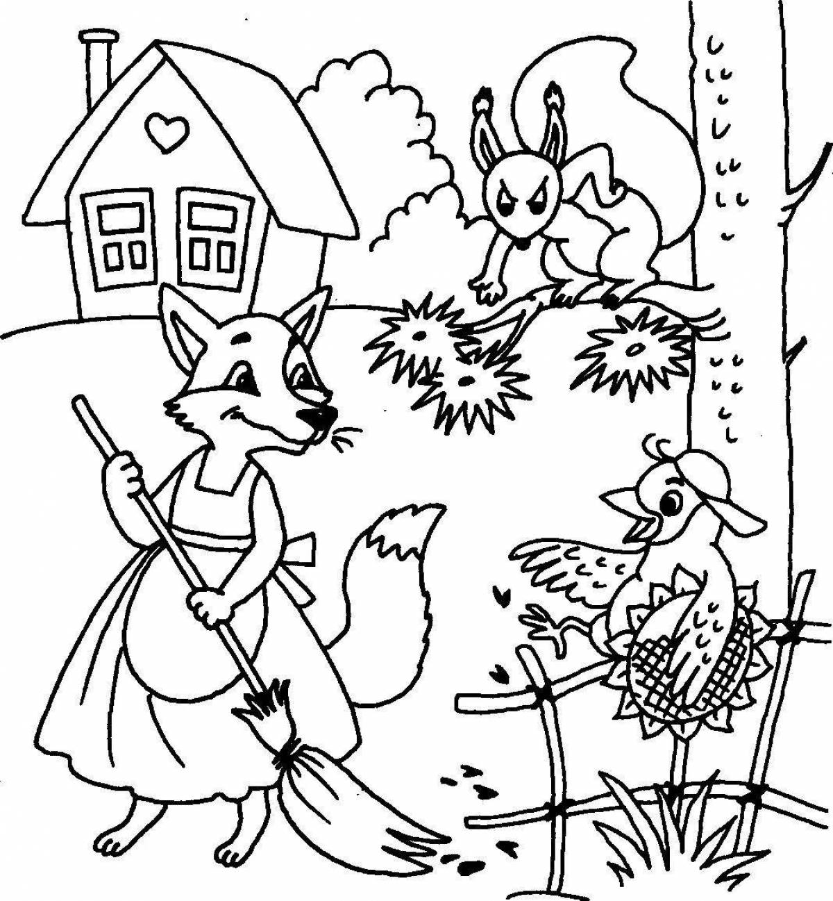 Playful coloring fairytale fox with a rolling pin