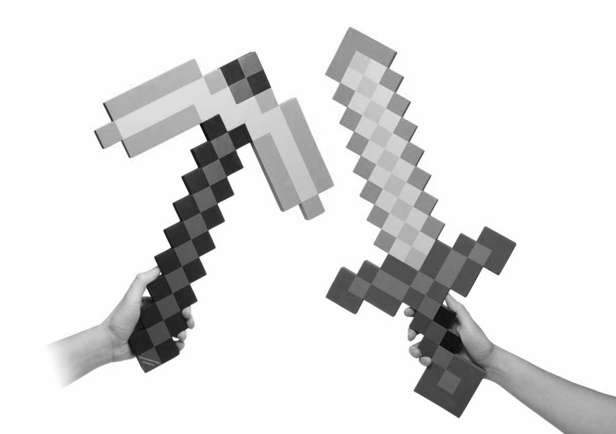 Creative minecraft coloring page with sword and pickaxe