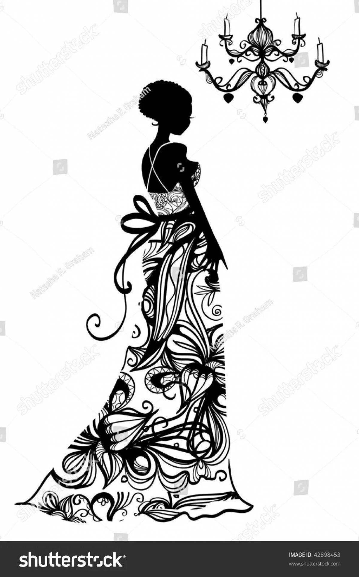 Playful coloring of the silhouette of a girl in a dress