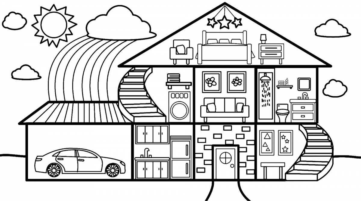 Colouring the inside of a gorgeous house for preschoolers