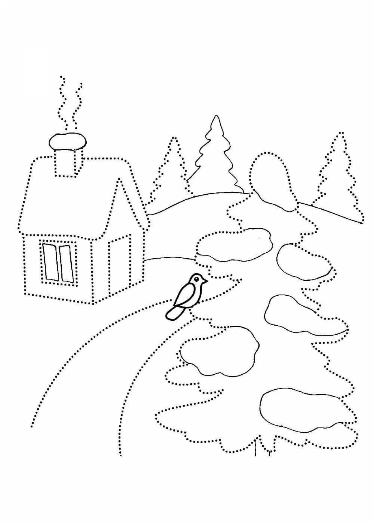 Coloring page charming winter landscape