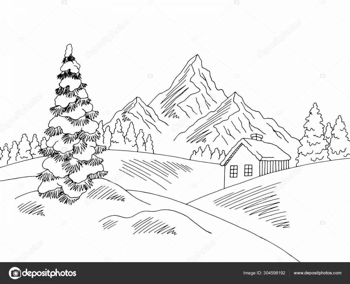 Coloring book dreamy winter landscape