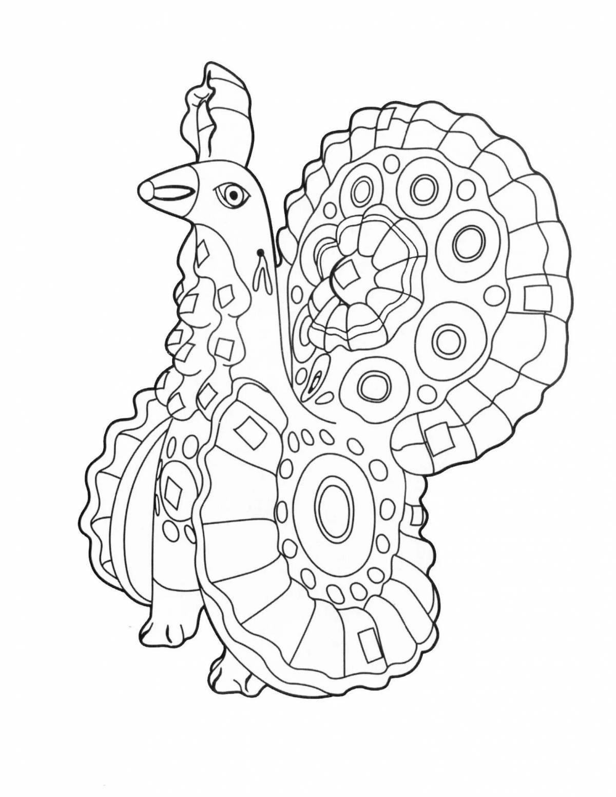Terrific pattern of the Dymkovo cockerel toy