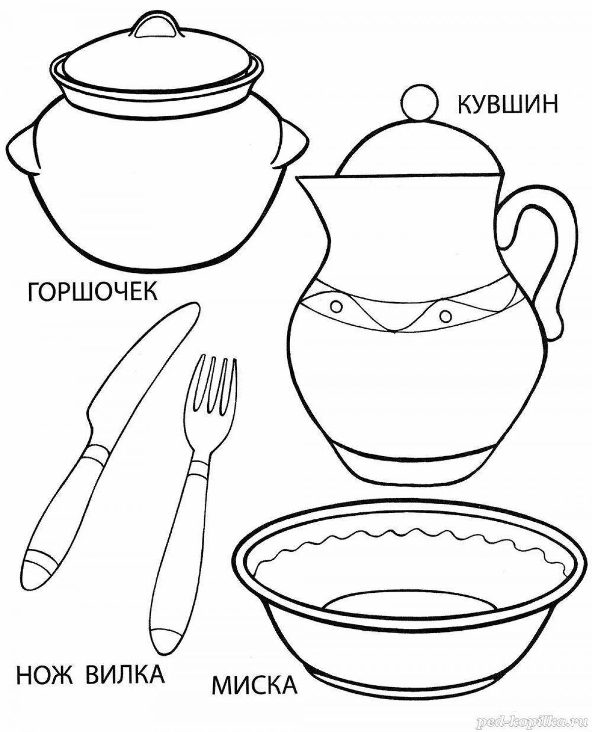 Fantastic colorful tableware coloring book for preschoolers