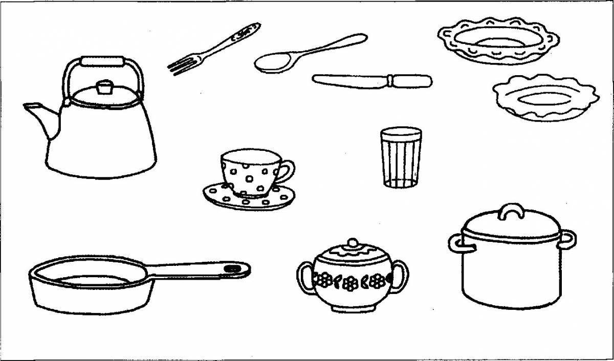 Colorful tableware with charms coloring book for preschoolers