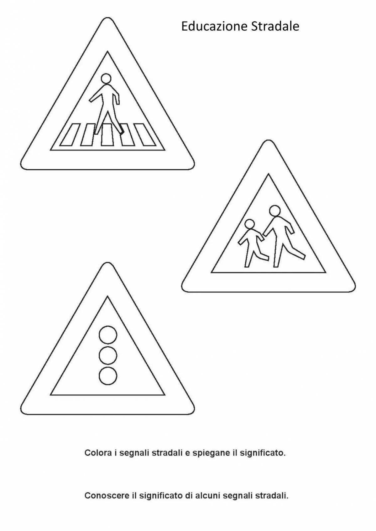 Coloring page cheerful road sign for schoolchildren