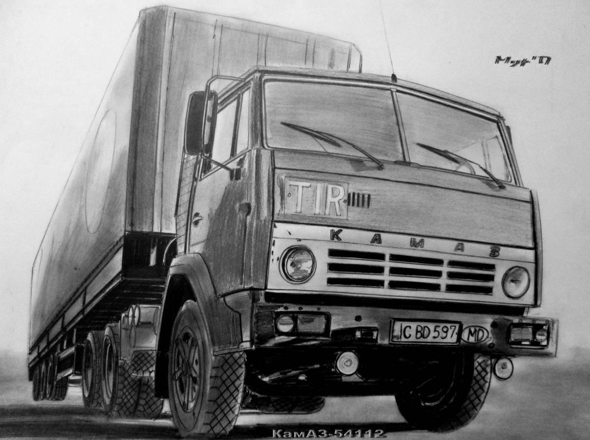 Coloring book charming truckers KAMAZ