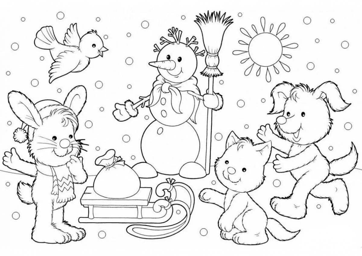 Веселая зимняя раскраска для детей 6-7 лет