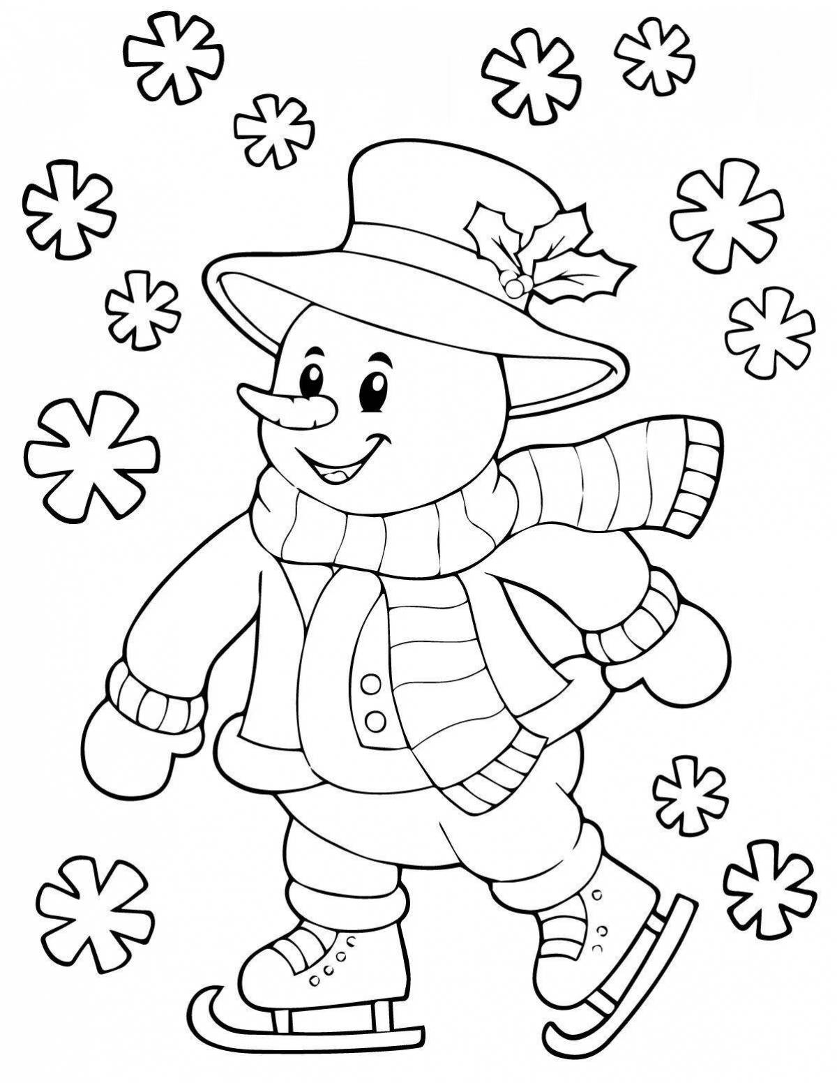 Playful coloring book snowman on skates for kids