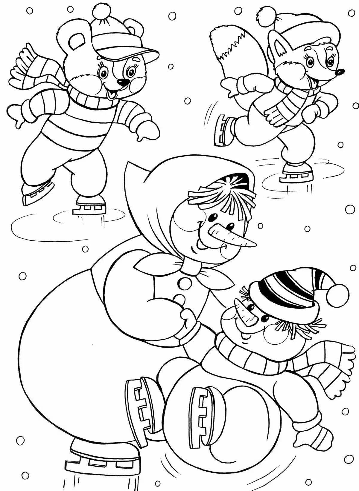 Colourful coloring of a snowman on skates for children