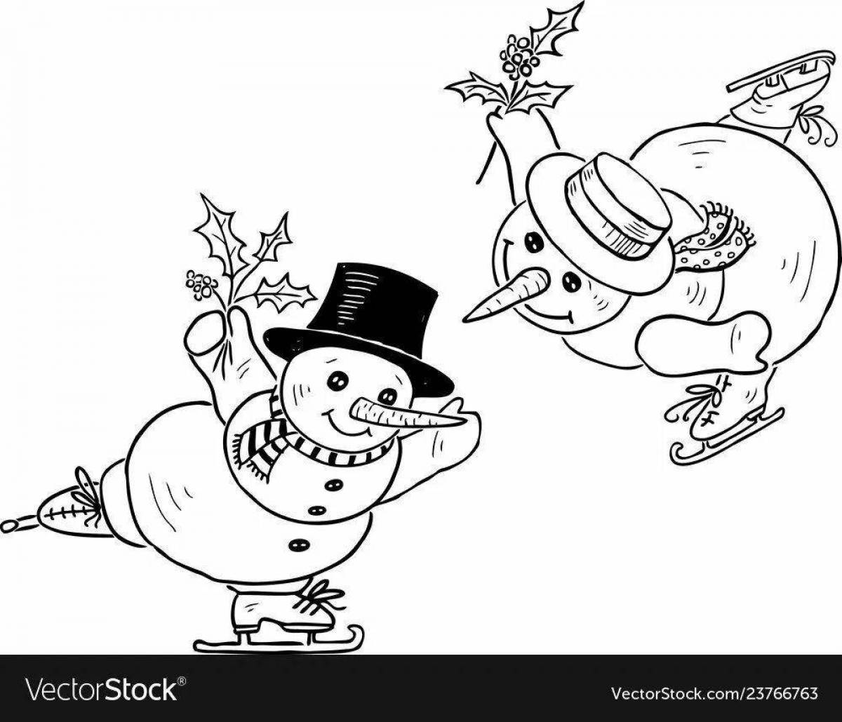 Праздничная раскраска снеговик на коньках для детей