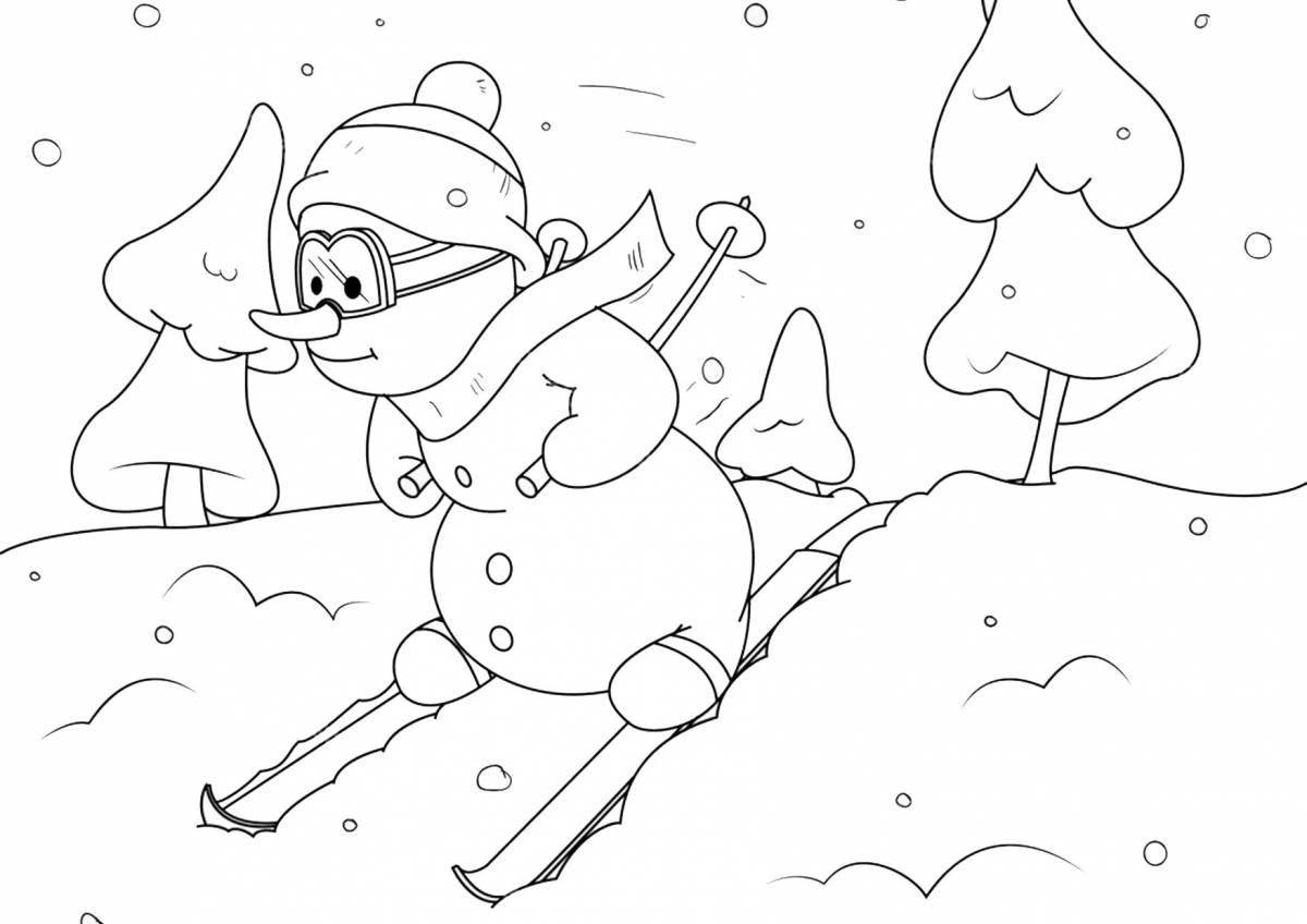 Great coloring book snowman on skates for kids