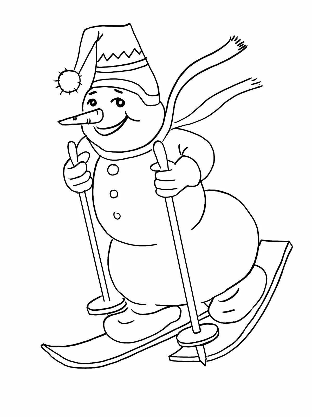 Сказочная раскраска снеговик на коньках для детей