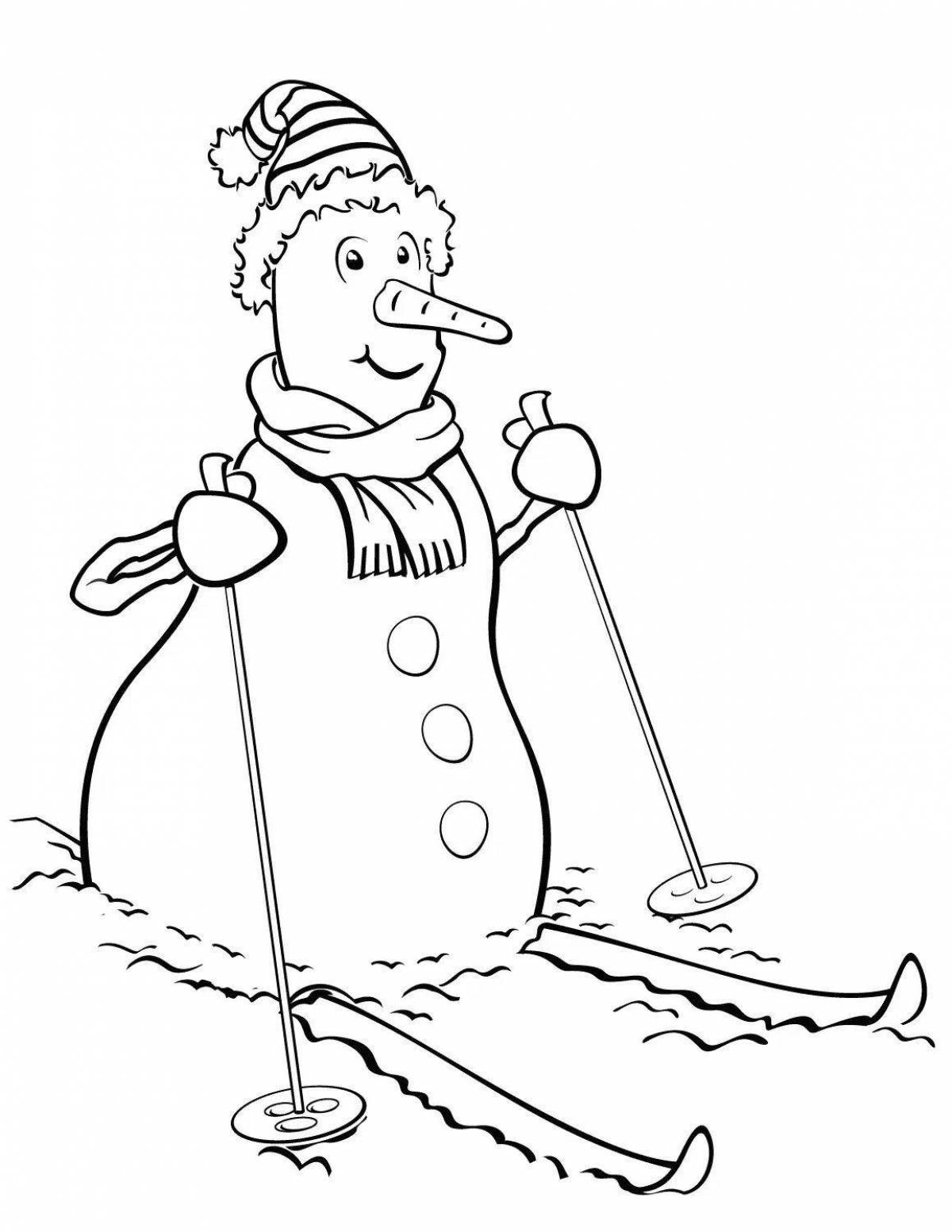 Animated coloring book snowman on skates for kids