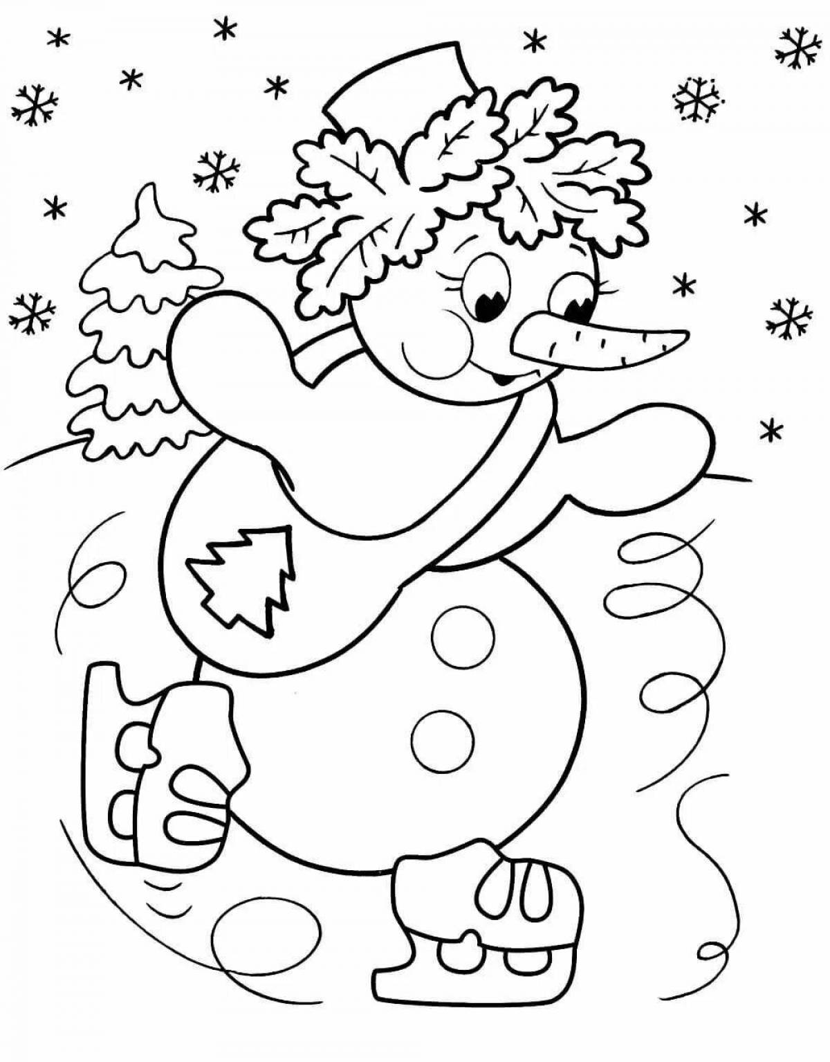 Fascinating coloring book snowman on skates for kids