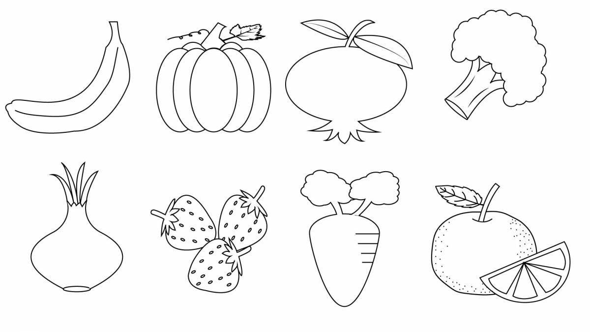Coloring book with colorful fruits and vegetables