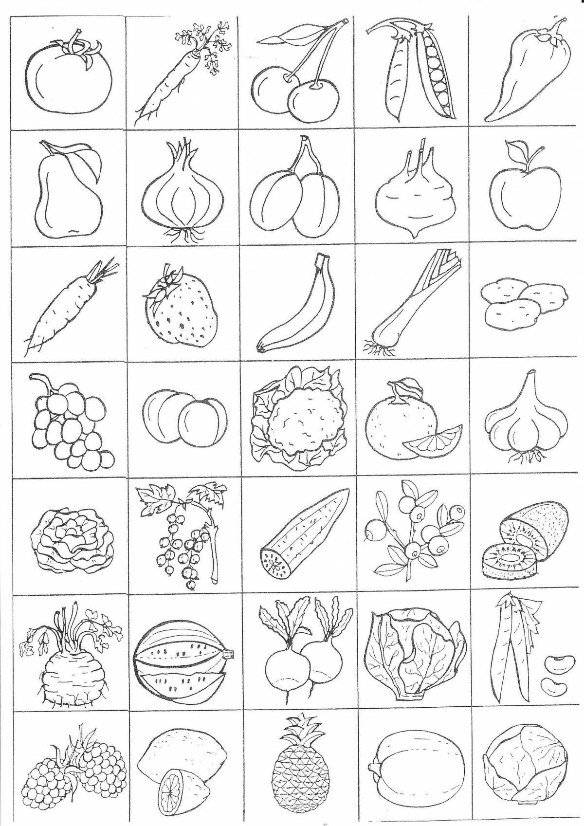 Coloring book funny fruits and vegetables